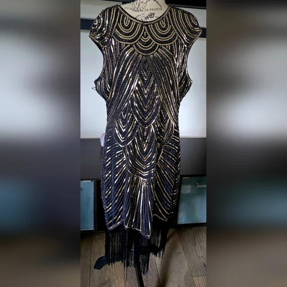 1920s Great Gatsby Flapper Plus Size Sequin Fringe Cap Sleeve Dress Vintage 2X - Picture 5 of 15